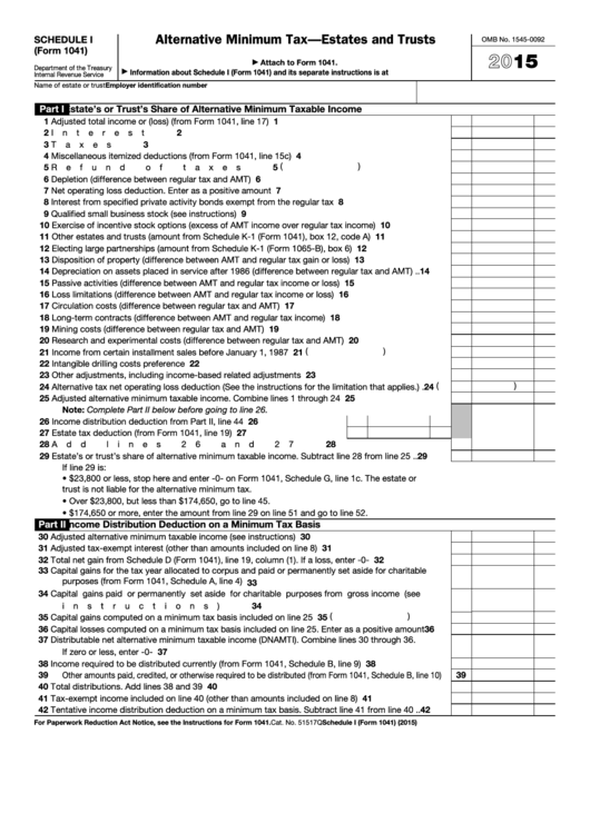 Fillable Schedule I (Form 1041) - Alternative Minimum Tax-Estates And Trusts - 2015 Printable pdf