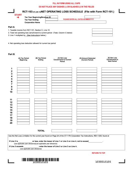 Fillable Form Rct-103 - Net Operating Loss Schedule Printable pdf