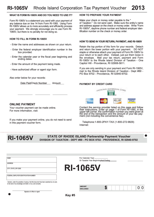 Form Ri-1065v - Rhode Island Corporation Tax Payment Voucher - 2013 Printable pdf