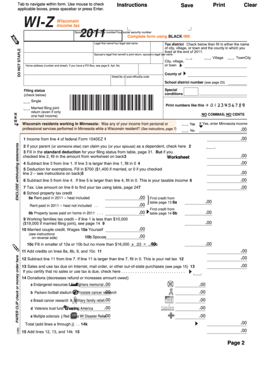 Fillable Form Wi-Z - Wisconsin Income Tax - 2011 Printable pdf