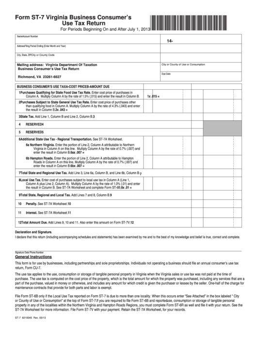 Fillable Form St-7 - Virginia Business Consumer