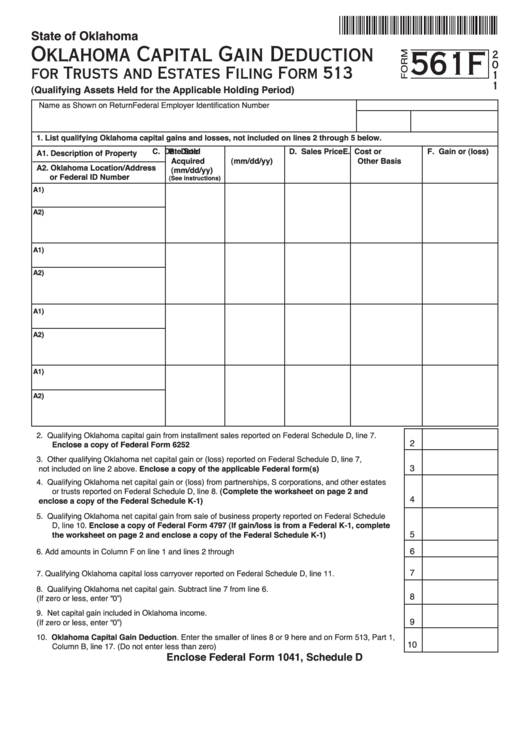 Fillable Form 561f - Oklahoma Capital Gain Deduction - 2011 Printable pdf