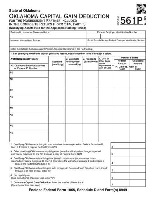 Fillable Form 561p - Oklahoma Capital Gain Deduction - 2014 Printable pdf