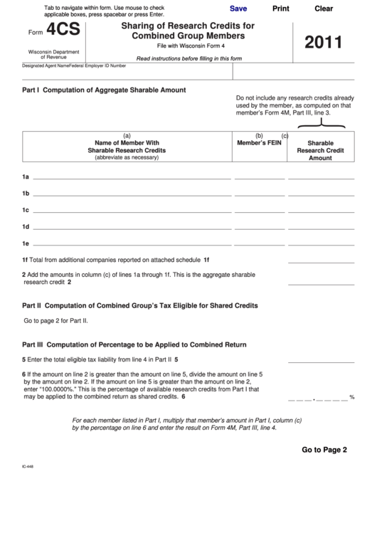 Fillable Form 4cs - Wisconsin Sharing Of Research Credits For Combined Group Members - 2011 Printable pdf