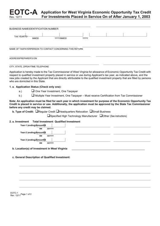 Form Eotc-A - Application For West Virginia Economic Opportunity Tax Credit For Investments Placed In Service On Of After January 1, 2003 Printable pdf