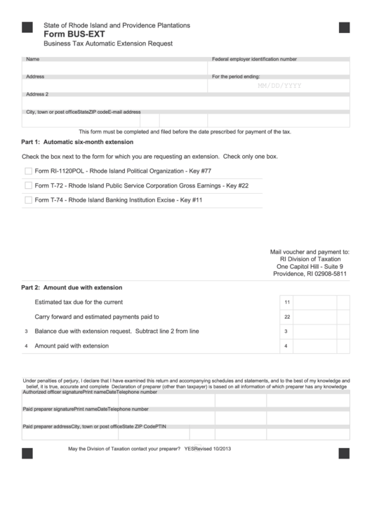 Fillable Form Bus-Ext - Rhode Island Business Tax Automatic Extension Request Printable pdf