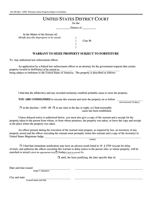 Fillable Form Ao 109 - Warrant To Seize Property Subject To Forfeiture - United States District Court Printable pdf