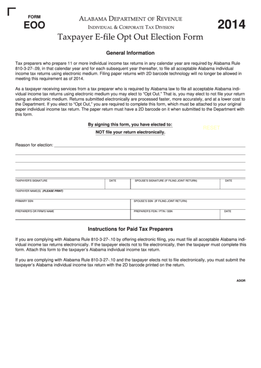 Fillable Form Eoo - Alabama Taxpayer E-File Opt Out Election Form - 2014 Printable pdf