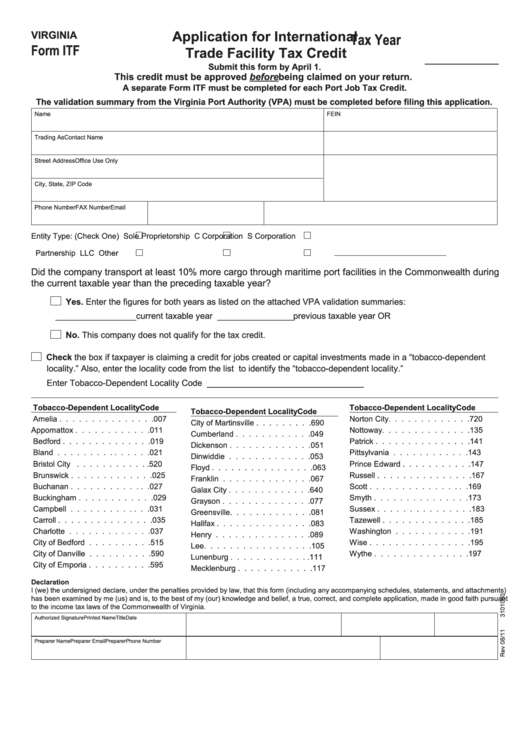 Form Itf - Virginia Application For International Trade Facility Tax Credit Printable pdf