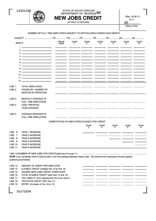 Form Sc Sch.tc 4 - South Carolina New Jobs Credit Printable pdf