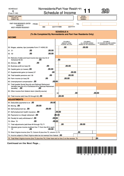 Schedule A (Form It-140) - West Virginia Nonresidents/part-Year Residents Schedule Of Income - 2011 Printable pdf