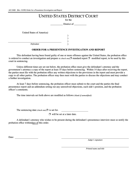 Fillable Form Ao 246b - Order For A Presentence Investigation And Report - United States District Court Printable pdf