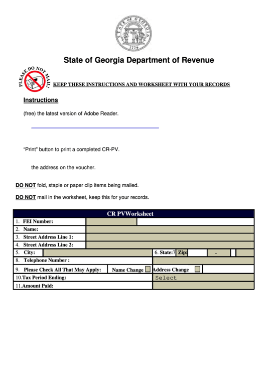Form Cr Pv - Georgia Composite Return Payment - 2014 Printable pdf