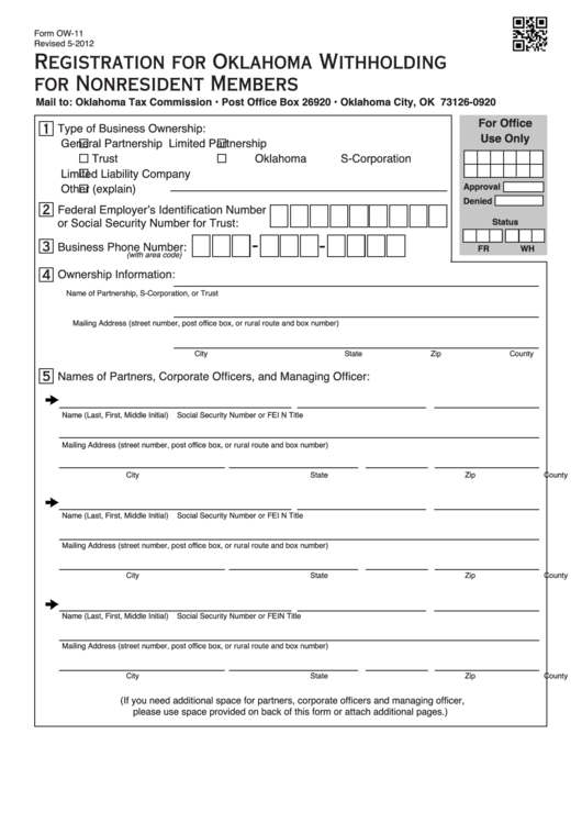 Fillable Form Ow-11 - Registration For Oklahoma Withholding For Nonresident Members Printable pdf