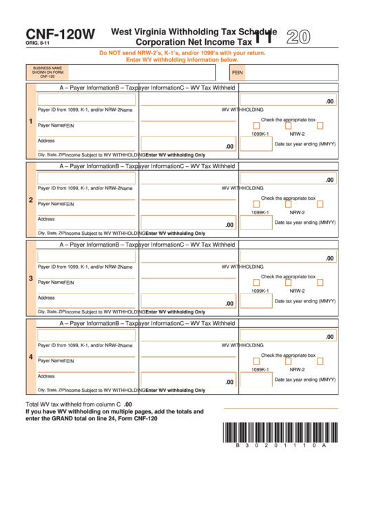 Form Cnf-120w - West Virginia Withholding Tax Schedule Corporation Net Income Tax - 2011 Printable pdf