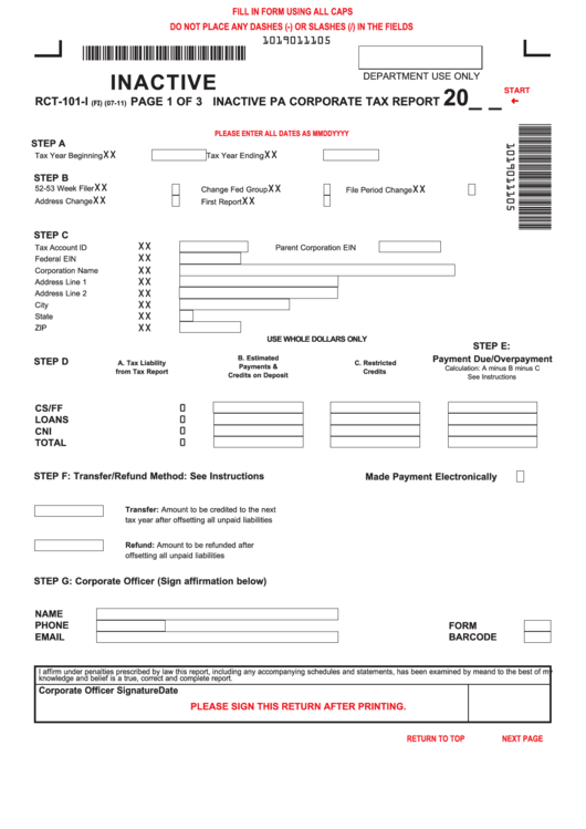 Fillable Form Rct-101-I - Pennsylvania Inactive Pa Corporate Tax Report Printable pdf