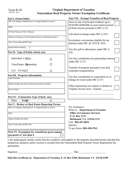 Form R-5e - Virginia Nonresident Real Property Owner Exemption Certificate Printable pdf