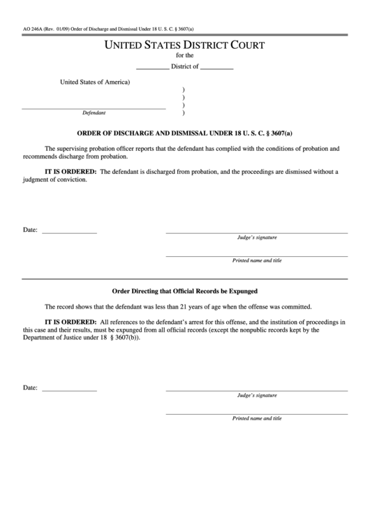 Fillable Form Ao 246a - Order Of Discharge And Dismissal - United States District Court Printable pdf