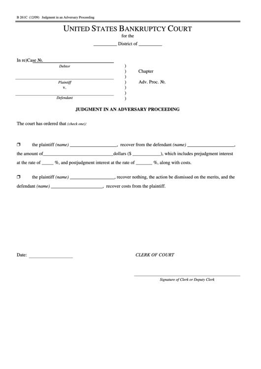 Form B 261c - Judgment In An Adversary Proceeding - United States Bankruptcy Court Printable pdf