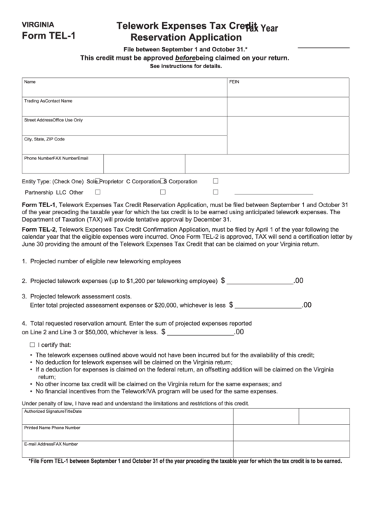 Form Tel-1 - Virginia Telework Expenses Tax Credit Reservation Application Printable pdf
