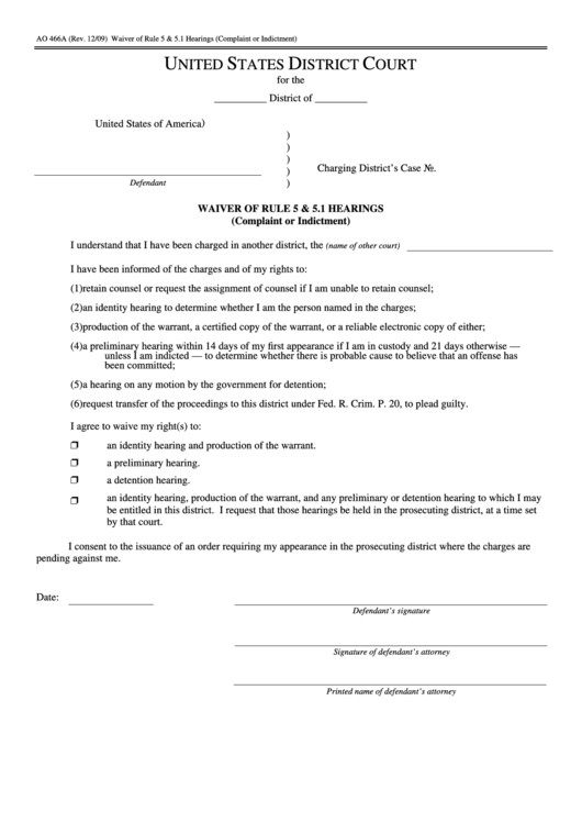 Fillable Form Ao 466a - Waiver Of Rule 5 & 5.1 Hearings (Complaint Or Indictment) - United States District Court Printable pdf