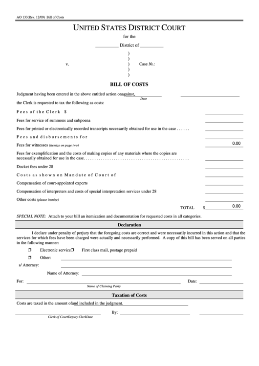 Fillable Form Ao 133 - Bill Of Costs - United States District Court Printable pdf