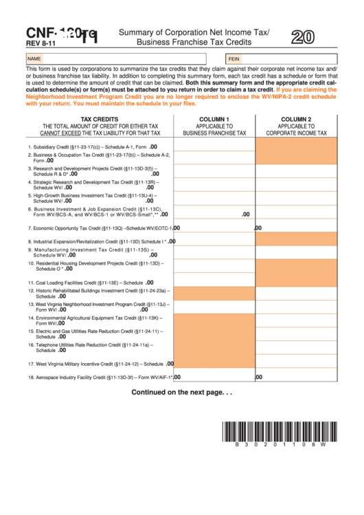 Form Cnf-120tc - West Virginia Summary Of Corporation Net Income Tax/ Business Franchise Tax Credits - 2011 Printable pdf