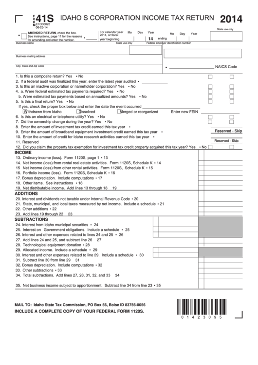 Fillable Form 41s - Idaho S Corporation Income Tax Return - 2014 Printable pdf