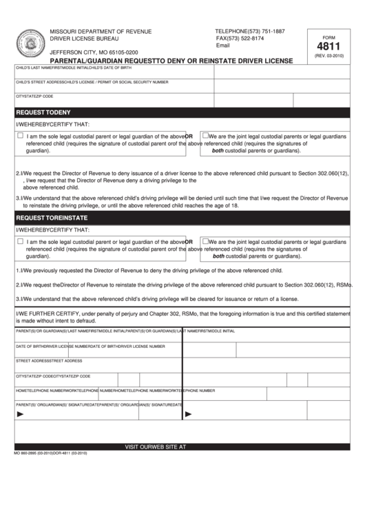 Fillable Form 4811 - Parental/guardian Request To Deny Or Reinstate Driver License Printable pdf