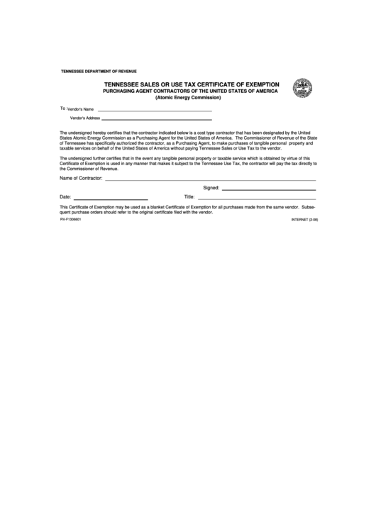 Tennessee Sales Or Use Tax Certificate Of Exemption - Tennessee Department Of Revenue Printable pdf