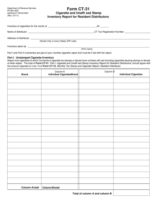Fillable Form Ct-31 - Cigarette And Unaffi Xed Stamp Inventory Report For Resident Distributors Printable pdf