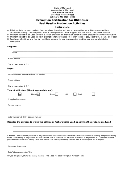 Fillable Form Cot/cd-206 - Exemption Certification For Utilities Or Fuel Used In Production Activities Printable pdf