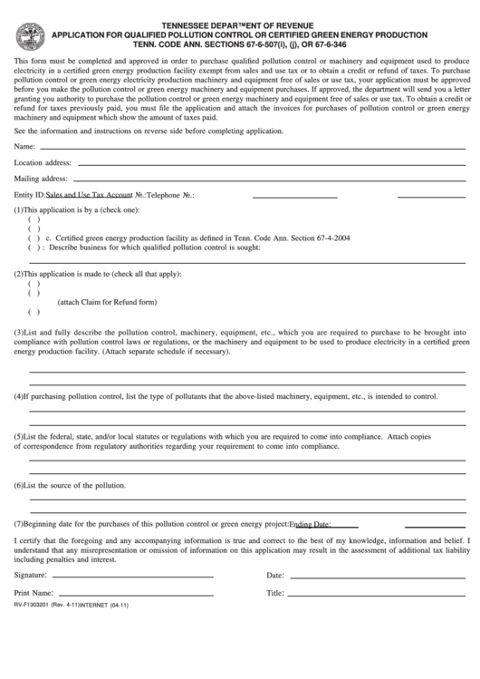 Form Rv-F1303201 - Application For Qualified Pollution Control Or Certified Green Energy Production Printable pdf