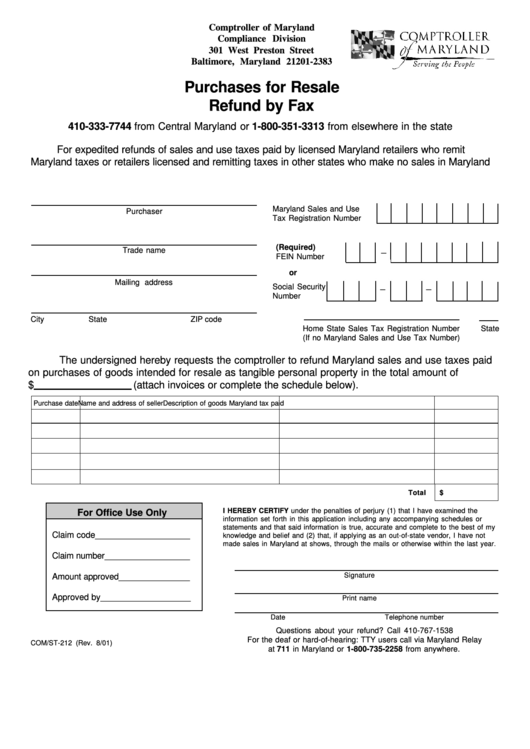 Fillable Form Com/st-212 - Purchases For Resale Refund By Fax - Comptroller Of Maryland Printable pdf