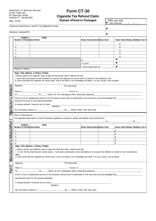Fillable Form Ct-30 - Cigarette Tax Refund Claim Printable pdf