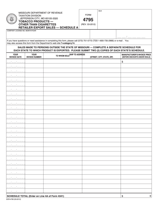 Fillable Schedule A (Form 4795) - Tobacco Products - Other Than Cigarettes Retailer Export Sales Printable pdf