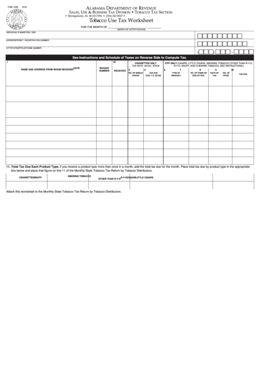 Fillable Tobacco Use Tax Worksheet - Alabama Department Of Revenue Printable pdf