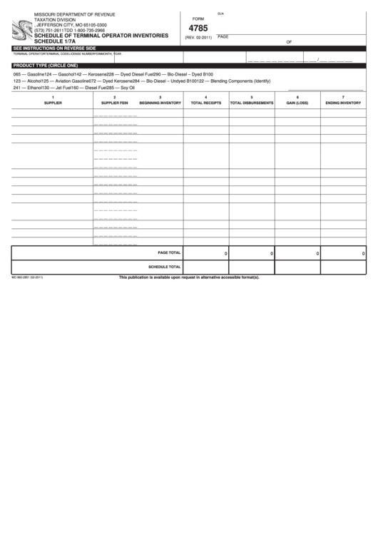 Fillable Schedule 1/7a (Form 4785) - Schedule Of Terminal Operator Inventories Printable pdf