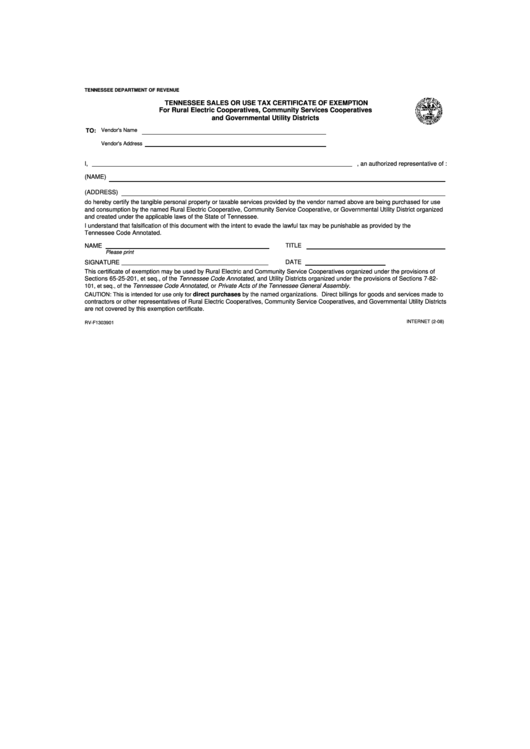 Form Rv-F1303901 - Tennessee Sales Or Use Tax Certificate Of Exemption Printable pdf