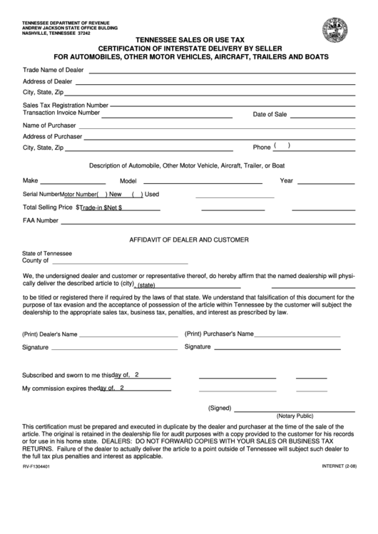 Form Rv-F1304401 - Tennessee Sales Or Use Tax Certification Of Interstate Delivery By Seller For Automobiles, Other Motor Vehicles, Aircraft, Trailers And Boats Printable pdf