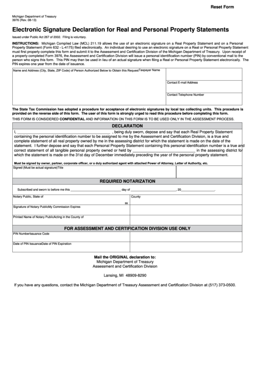 Fillable Form 3976 - Electronic Signature Declaration For Real And Personal Property Statements Printable pdf