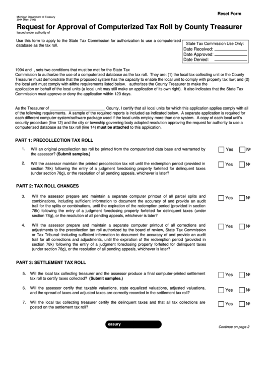 Fillable Form 3944 - Request For Approval Of Computerized Tax Roll By County Treasurer Printable pdf