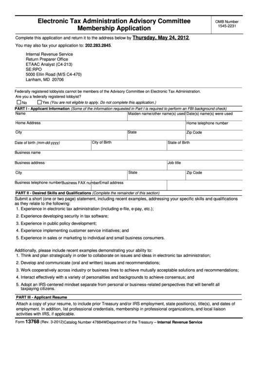 Fillable Form 13768 - Electronic Tax Administration Advisory Committee Membership Application Printable pdf