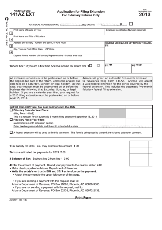 Fillable Arizona Form 141az Ext - Application For Filing Extension For Fiduciary Returns Only - 2013 Printable pdf