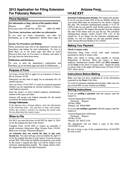 Instructions For Arizona Form 141az Ext - 2013 Printable pdf