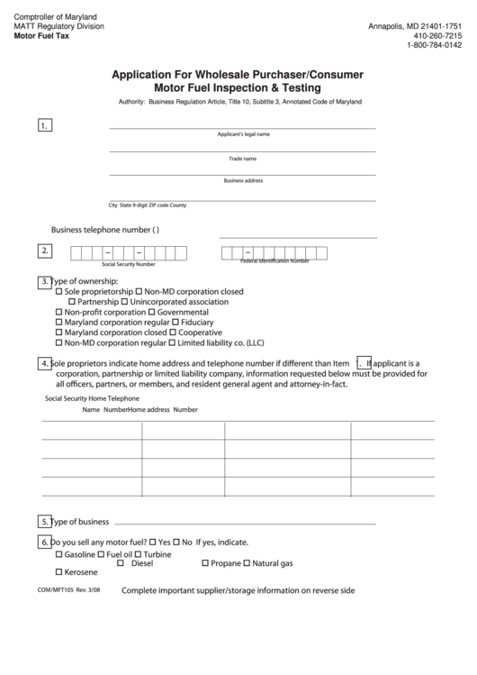 Fillable Form Com/mft105 - Application For Wholesale Purchaser/consumer Motor Fuel Inspection & Testing Printable pdf