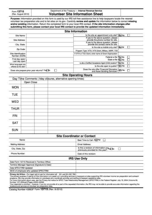 Fillable Form 13715 - Volunteer Site Information Sheet Printable pdf
