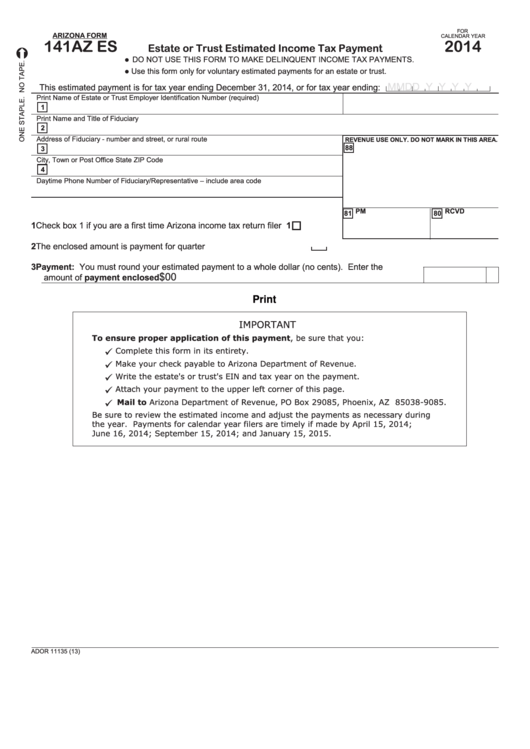 Fillable Arizona Form 141az Es - Estate Or Trust Estimated Income Tax Payment - 2014 Printable pdf