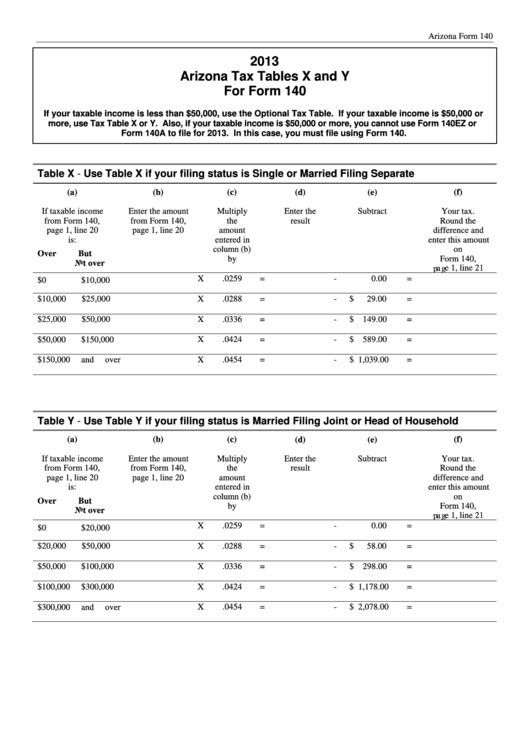 Fillable Arizona Tax Tables X And Y For Form 140 2013 Printable Pdf Download