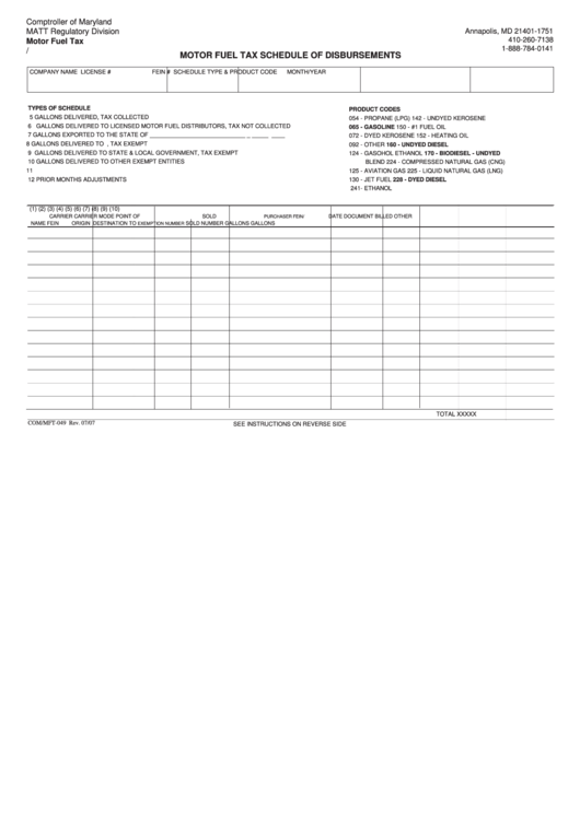 Fillable Form Com/mft-049 - Motor Fuel Tax Schedule Of Disbursements Printable pdf